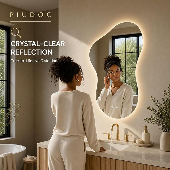 Irregular Led Bathroom Mirror with Lights 23x36 Inch, Backlit Asymmetrical Led Bathroom Mirror for Wall, Lighted Vanity Mirror with Lights, Anti-Fog, Dimmable 3 Colors, Shatter-Resistant