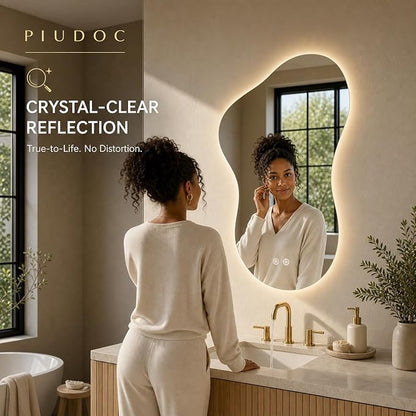 Irregular Led Bathroom Mirror with Lights 23x36 Inch, Backlit Asymmetrical Led Bathroom Mirror for Wall, Lighted Vanity Mirror with Lights, Anti-Fog, Dimmable 3 Colors, Shatter-Resistant