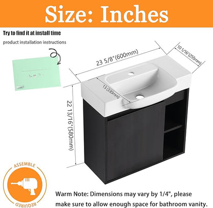 24" Wall-Mounted Bathroom Vanity with Ceramic Sink, 24 inch Floating Single Sink Vanity Cabinet Modern Brown 1-Door Design with Storage Shelf (Space-Saving for Small Bathrooms), Black