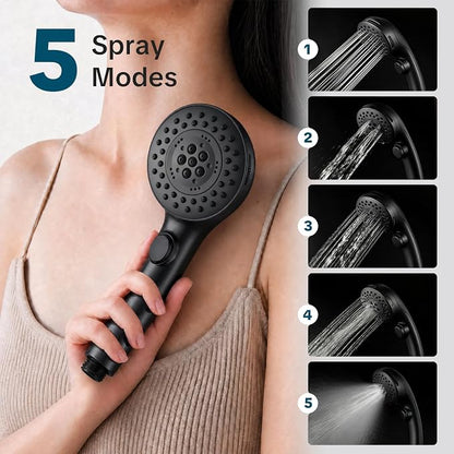 OFFO Handheld Shower Head with Shower Head Holder, 5 Mode Handheld Shower Head with On Off Switch for Water Saving, High Flow Powerful Boosting Showerheads with 60" PVC Hose, Matte Black