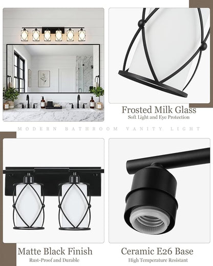 6-Light Matte Black Bathroom Light Fixtures Over Mirror, 42" UL-Listed Modern Farmhouse Wall Sconce Lights with Milk White Frosted Glass and Metal Cage for Bath, Hardwire E26, CH9176BKW-6W