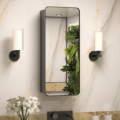 Keonjinn 15 x 36 Inch Black Slim Medicine Cabinets, Narrow Bathroom Side Medicine Cabinet with Mirror, Stainless Steel Framed, Adjustable Shelves, Recessed or Wall Mount, Modern Farmhouse
