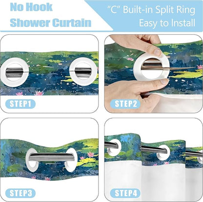 Accnicc Cute Cat No Hook Shower Curtain with Snap in Liner 71×74 Inch | Funny Fun Cool Cats Monet Hookless Shower Curtains, Water lilies Bath Curtain Decor, Waterproof Washable Polyester Fabric