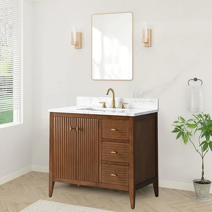 HOMEBEYOND 36" Bathroom Vanity with Sink, Solid Wood Bathroom Vanity Free-Standing Cabinet, Drawers, Ceramic Top & Soft Closing Door, Golden Brushed Handware, Walnut