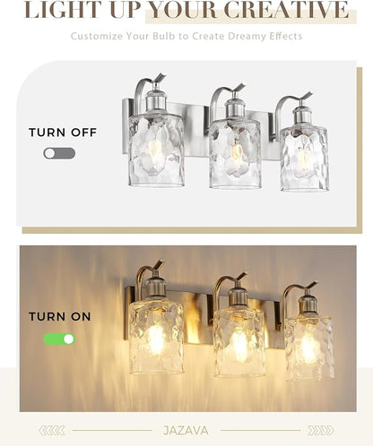 3-Light 20 Inch Bathroom Vanity Light,Hammered Glass,Nickel | Over Mirror Wall Light,E26 sockets,for bathroom mirror,powder room,dressing area