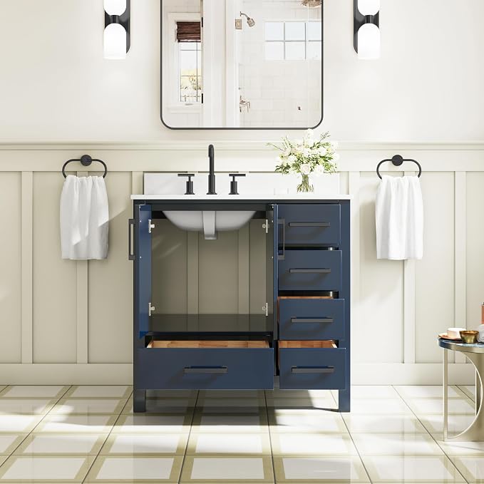 36-Inch Bathroom Vanity with Sink, 2 Soft-Close Doors and 5 Soft-Close Drawers, Bathroom Freestanding Vanity with Cultured Marble Countertop, Bathroom Navy Blue Vanity With Matte Black Handles