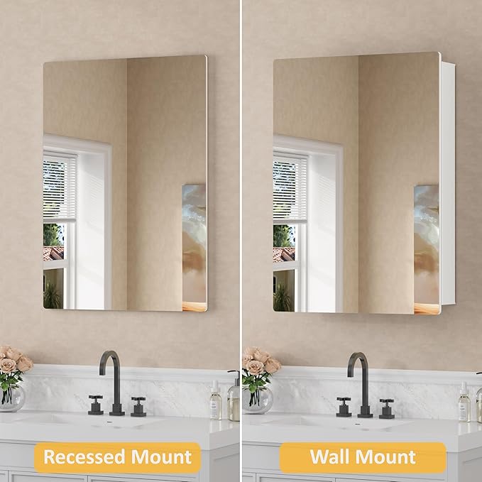 24x30 Inch Medicine Cabinet with Mirror, Recessed or Surface Mounted Bathroom Cabinets for Storage, 2 Fully Adjustable Tempered Glass Shelves, Soft-close DTC Hinges, HD Reflection Mirror Door, White