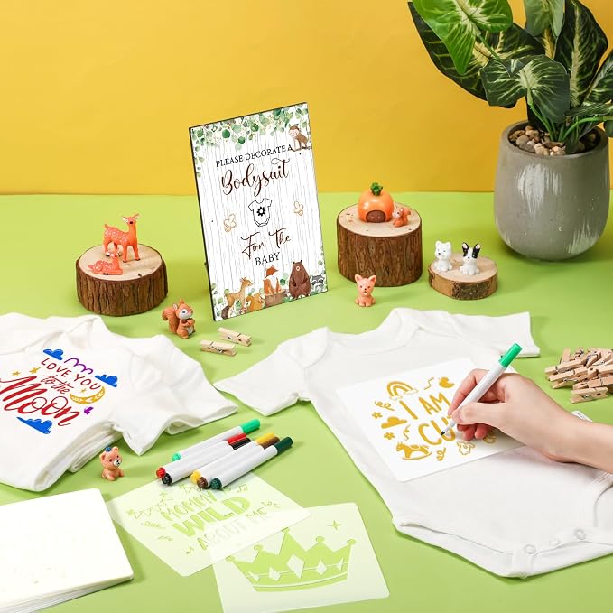 Panitay 126 Pcs Baby Shower DIY Bodysuit Set Bib 25 Blank White Newborn Bodysuit 25 Stencils 24 Marker 1 Sign 50 Pins(Woodland Animals)