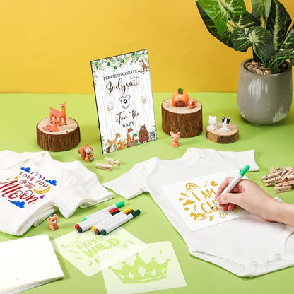 Panitay 126 Pcs Baby Shower DIY Bodysuit Set Bib 25 Blank White Newborn Bodysuit 25 Stencils 24 Marker 1 Sign 50 Pins(Woodland Animals)