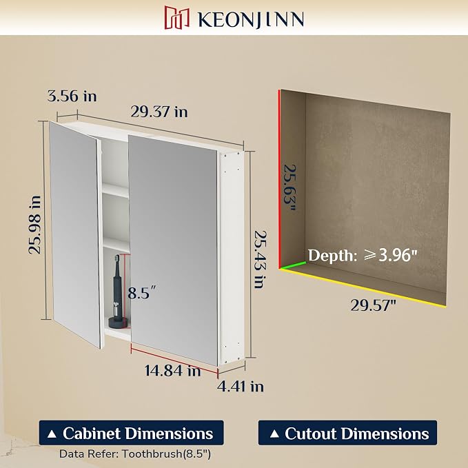Keonjinn 30"x26" White Bathroom Mirror Cabinet, Lightweight Aluminum Frame | Effortless Assembly, Safe HD Tempered Glass, Wall-mounted or in Wall, Adjustable Shelves, Soft Close, Medicine Cabinets