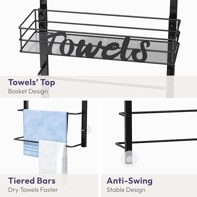 SWTYMIKI Over the Door Towel Racks for Bathroom - 3-Tier Wall Mounted Bathroom Towel Storage Organizer Holder with Metal Shelf, Black
