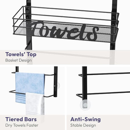SWTYMIKI Over the Door Towel Racks for Bathroom - 3-Tier Wall Mounted Bathroom Towel Storage Organizer Holder with Metal Shelf, Black