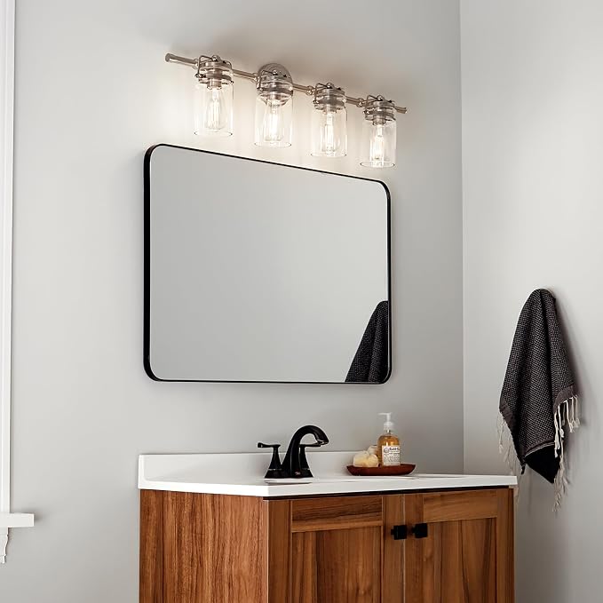 Kichler Brinley 4-Light Farmhouse Vanity Light, Brushed Nickel | Modern farmhouse vanity light with clear glass for bathroom mirrors (32.25" x 10"), 45690NI