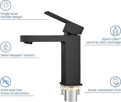 KBF1002 Solid Brass Single Handle Bathroom Sink Faucet, High Arc Cubic Spout Lavatory Faucet in Matte Black | Corrosion-Resistant, Modern Design, Easy to Install