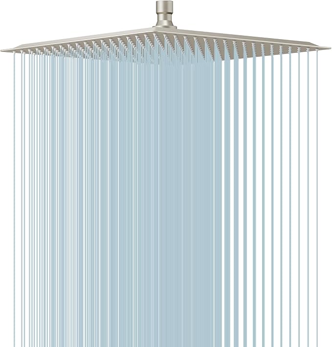 16" Rain Shower Head High Pressure Rainfall Shower Head Brushed Nickel | Square Rain Bathroom Showerhead, High Flow, Large Stainless Steel, Ceiling Mounted, Wall Mounted, Waterfall Full Body