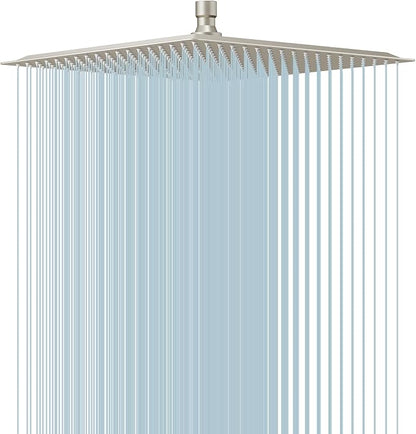16" Rain Shower Head High Pressure Rainfall Shower Head Brushed Nickel | Square Rain Bathroom Showerhead, High Flow, Large Stainless Steel, Ceiling Mounted, Wall Mounted, Waterfall Full Body