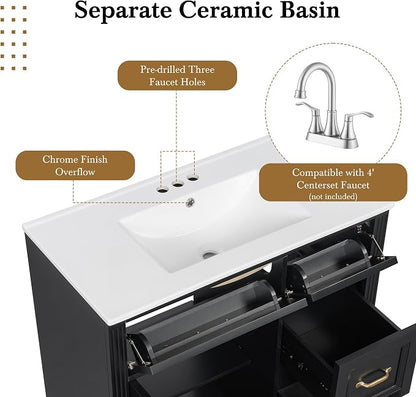 36" Bathroom Vanity with Ceramic Sink,Modern Freestanding Storage Cabinet w/Soft-Close Door and 2 Tip-Out & 2 Drawers,Undermount Single Basin Bath Vanity Set w/Adjustable Shelf,Black