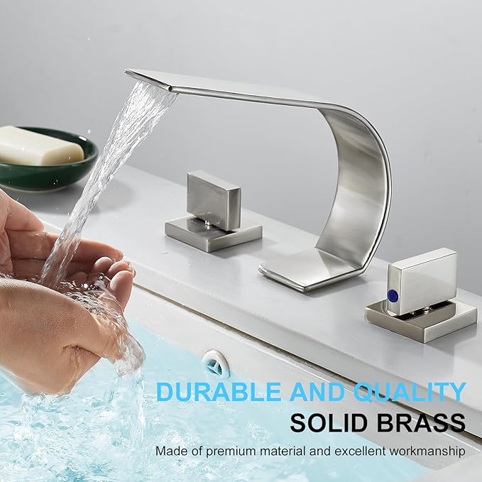 Brushed Nickel Bathroom Faucet 3 Hole,Ultrathin Low Arc 8 inch Widespread Bathroom Sink Faucet,Waterfall Bathroom Faucet,2-Handle Modern Vanity Faucet with Hot and Cold Water Supply Hoses