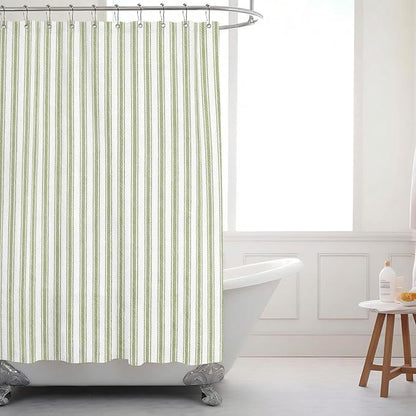 Stripe Cotton Toile Shower Curtain Ticking Stripe Woven Print Curtain Bathroom Decor for Traditional and Contemporary Style Kitchen Bath Home(Green and White,72 x 72 Inches)