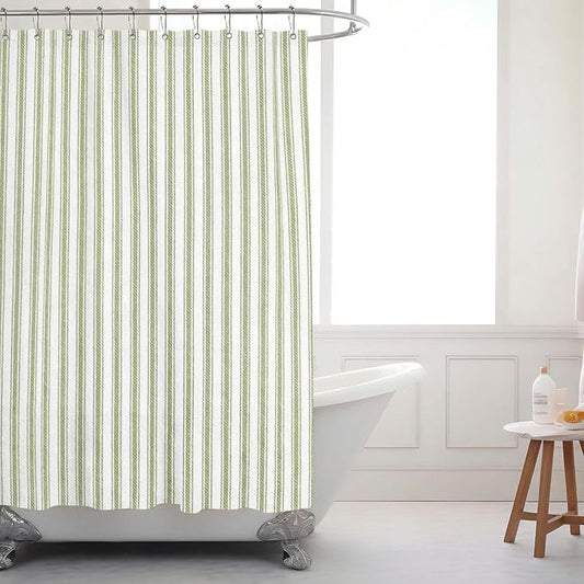 Stripe Cotton Toile Shower Curtain Ticking Stripe Woven Print Curtain Bathroom Decor for Traditional and Contemporary Style Kitchen Bath Home(Green and White,72 x 72 Inches)