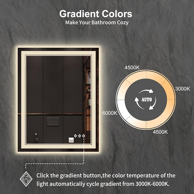 LED Mirror, 28x36 Inch Gradient Front and Backlight Lighted Mirror, 3 Colors Dimmable CRI>90 Double Lights, IP54 Enhanced Anti-Fog, Hanging Plates Wall Mount LED Bathroom Mirror
