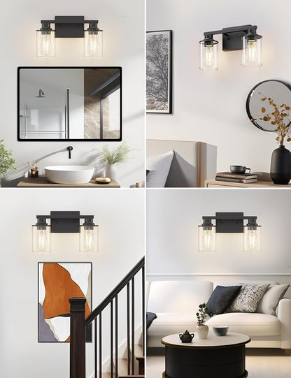 L LOHAS LED 2-Light Bathroom Vanity Light, Black | Clear Glass Shades; Modern Lighting Fixture for Bathrooms and Bedrooms; ETL Listed