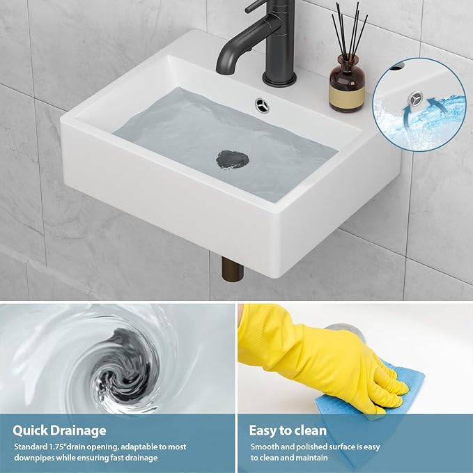 Wall Mounted Bathroom Sink 20"x17" Ceramic Floating Vessel Sink | Wall Hung Ceramic Bathroom Sink White Rectangular Wall Mount Wash Basin Porcelain Lavatory Sink