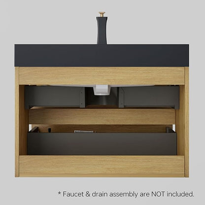30" Floating Bathroom Vanity with Black Sink, Modern Bathroom Cabinet with Top and Soft Close Drawers, Spacious Storage for Small Space, Natural Oak - Lavanda Collection