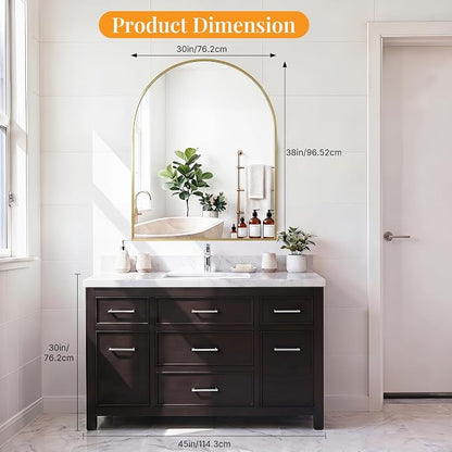 Sweetcrispy 30"x38" Arched Bathroom Mirror, Bathroom Mirrors for Over Sink | Modern Wall Mirrors Arch Decorative for Entryway, Bedroom, Vanity,Horizontal or Vertical Hanging, Gold