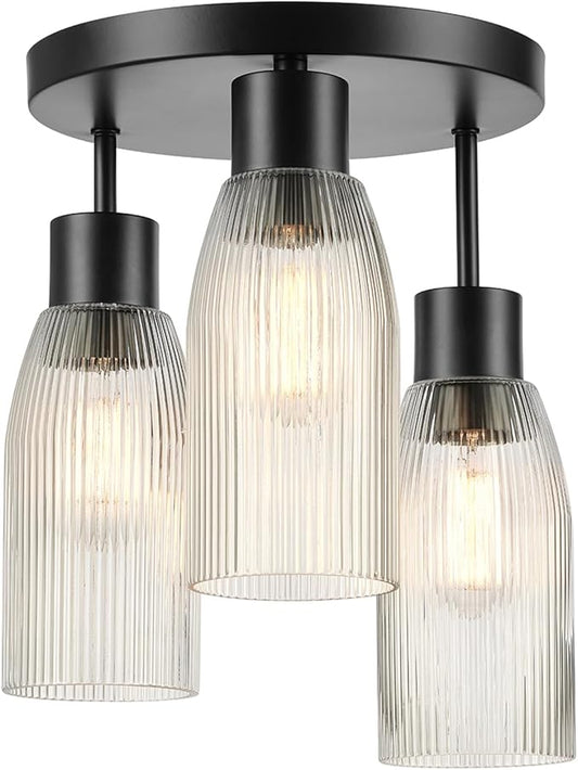 Globe Electric 66000133 3-Light Flush Mount Ceiling Light, Matte Black, Clear Ribbed Glass, Home Improvement, Dining/Kitchen