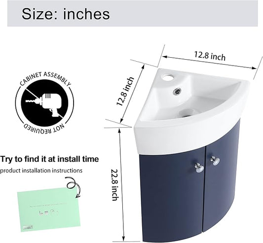 Malwee 13 Inch Wall-Hung Vanity, Corner Vanity, 13'' Floating Bathroom Vanity with Sink, with 1 Door and White Ceramic Basin Sink Top (053-13)