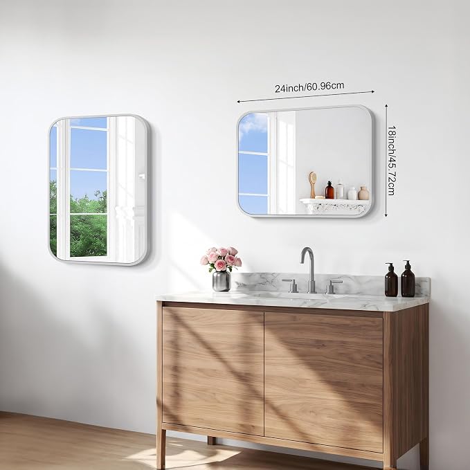 BONEWEI Silver Bathroom Mirror,18x24 inch Wall Mirror for Bathroom Wall Mounted,Rectangle Mirror for Bathroom Over Sink,Modern Frame Round Corner for Living Room,Bedroom Entryway,Horizontal/Vertical