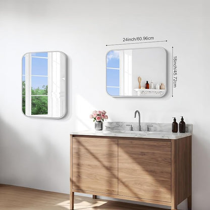BONEWEI Silver Bathroom Mirror,18x24 inch Wall Mirror for Bathroom Wall Mounted,Rectangle Mirror for Bathroom Over Sink,Modern Frame Round Corner for Living Room,Bedroom Entryway,Horizontal/Vertical