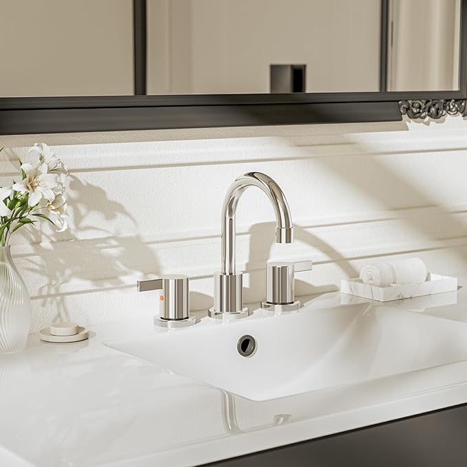 Phiestina Widespread 3 Hole Bathroom Sink Faucet, 8 Inch Chrome Finish, Modern Vanity Faucet with Metal Pop Up Drain, WF015-1-C