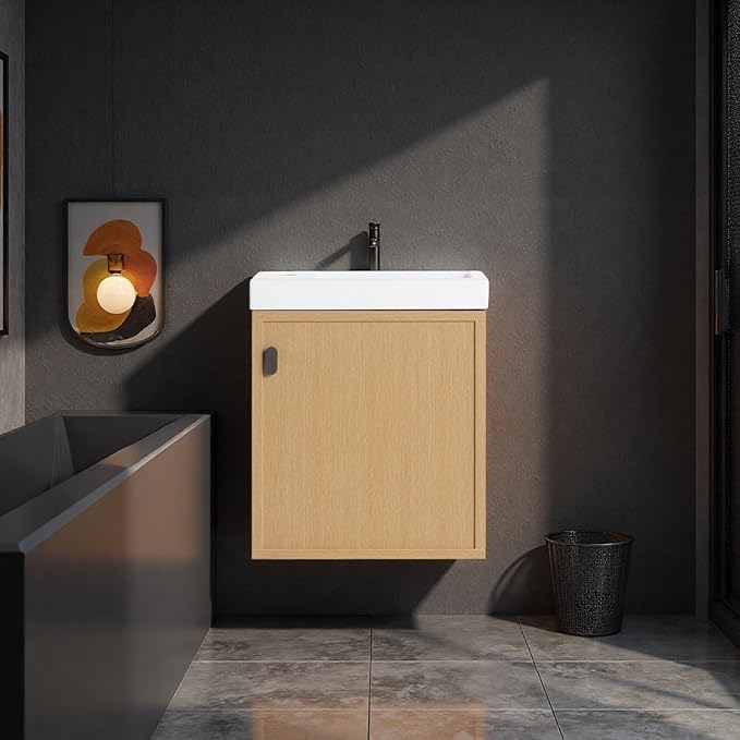 18.5" Bathroom Vanity with Resin Sink, Modern Wall-Mounted Floating Bathroom Vanity with Soft Closed Single Door for Home, Undermount Storage Cabinet, Easy to Clean, Natural Wood