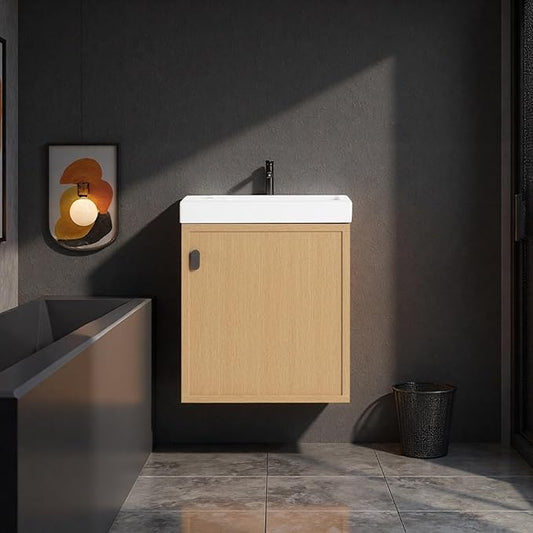 18.5" Bathroom Vanity with Resin Sink, Modern Wall-Mounted Floating Bathroom Vanity with Soft Closed Single Door for Home, Undermount Storage Cabinet, Easy to Clean, Natural Wood