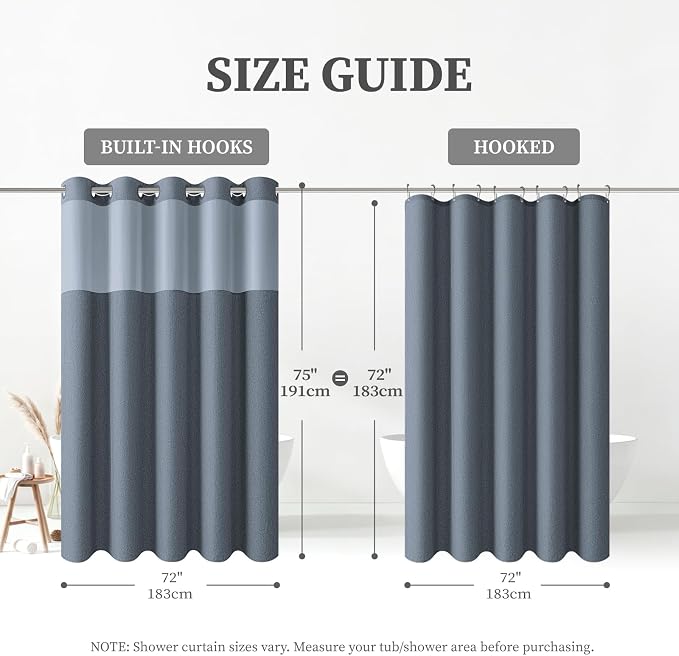 Blue Ringless Linen Textured Shower Curtain with Snap in Liner, 72x75 | 3 in 1 Hotel Shower Curtain Set, Removable Liner, Waterproof & Washable, Mesh Top Window, Durable Fabric, Easy to Install