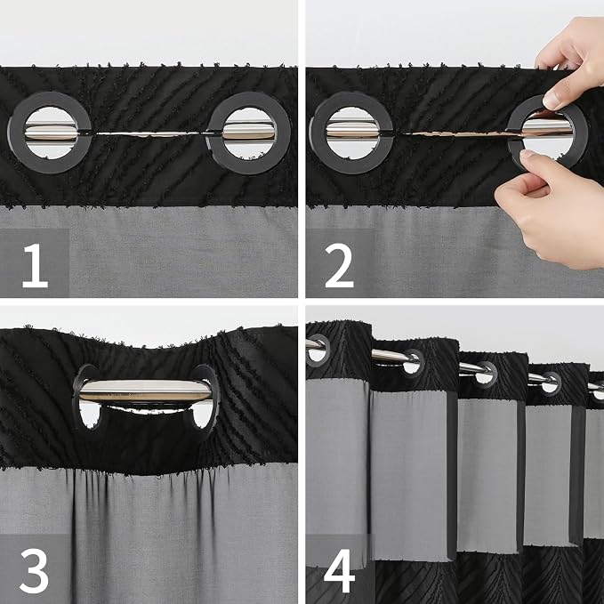 eachope no Hook Shower Curtain and Liner Set，Boho Style with See Through Top Window, Black Fabric Tufted Striped Textured Outer Curtain & Waterproof Inner Liner, DarkBlack, 71Wx86H