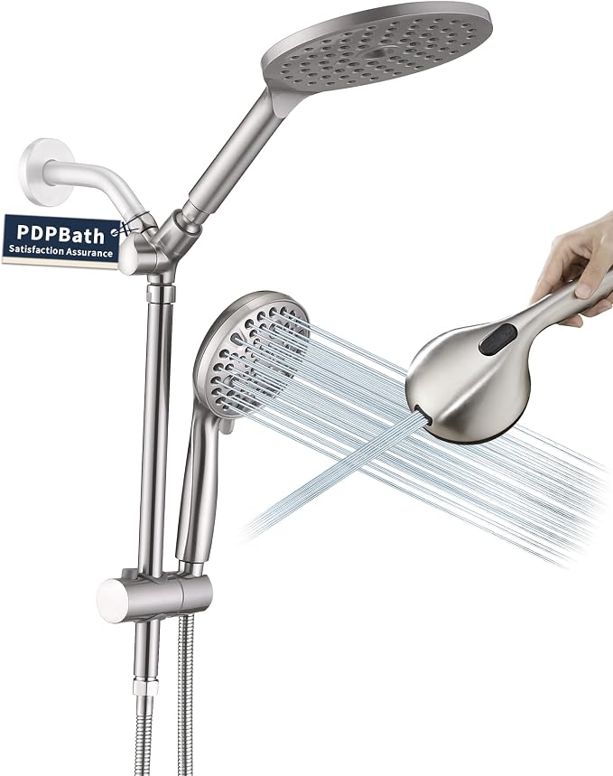 PDPBath High Pressure Rainfall Shower Head with Handheld Combo, 10 Setting Handheld Shower Head, Dual Handheld Shower Head Combo with Slide Bar for Easy Reach, Brushed Nickel
