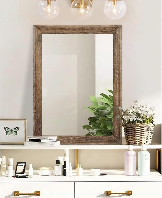 AAZZKANG Rustic Wood Mirror Rectangle Decorative Wall Mirrors with Frame Large 26"x18"for Bedroom Living Room Bathroom Entryway Hanging Brown | Decorative Bedroom Living Room Bathroom Entryway Hanging Brown 26"x18"