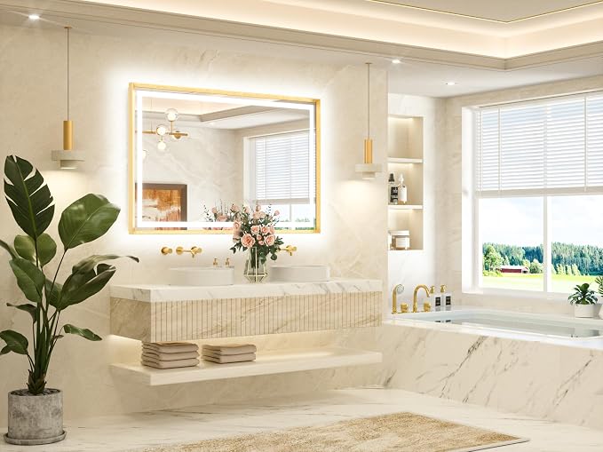 55 x 36 Bathroom LED Mirror Brushed Gold Metal Frame Frontlit & Backlit Vanity Mirror Stepless Dimmable Anti-Fog 3 Colors White/Warm/Natural Light up Vanity Mirror Wall-Mounted