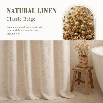 Small Stall 54 Inch Linen Shower Curtain Beige, Fabric Boho Farmhouse Shower Curtains for Bathroom Cotton Natural Cloth Liner Set 54" W x 72" L