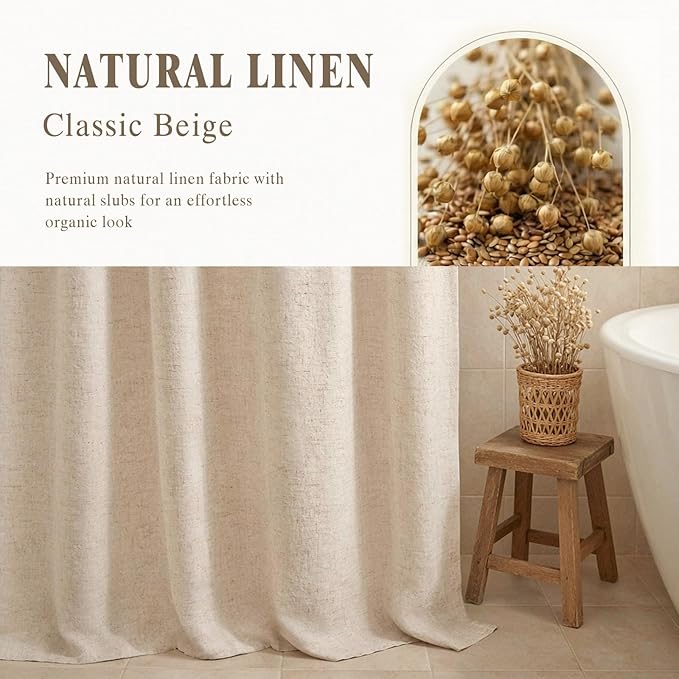 Linen Shower Curtain Beige, Fabric Boho Farmhouse Shower Curtains for Bathroom Cream Cotton Natural Cloth Liner Set 72" W x 84" L