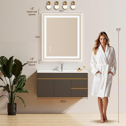 30x36 LED Bathroom Mirror with Anti-Fog, Backlit & Front Lights, Memory | Dimmable 3 Color CRI 95+ Shatterproof Tempered Glass ETL Listed for Safety Lighted Bathroom Vanity Mirror for Wall