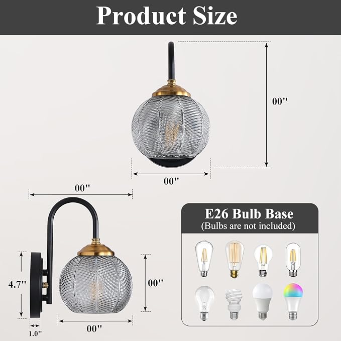 Mecgirn Bathroom Vanity Light Fixtures, 1-Light Smoky Gray Glass Shade, Modern Black and Gold Wall Sconce, Unique Textured Leaf Pattern, Ceramic E26 Sockets Wall Mounted for Mirror, Cabinet, Hallway
