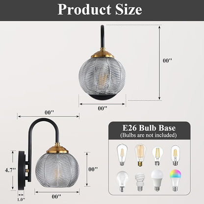 Mecgirn Bathroom Vanity Light Fixtures, 1-Light Smoky Gray Glass Shade, Modern Black and Gold Wall Sconce, Unique Textured Leaf Pattern, Ceramic E26 Sockets Wall Mounted for Mirror, Cabinet, Hallway