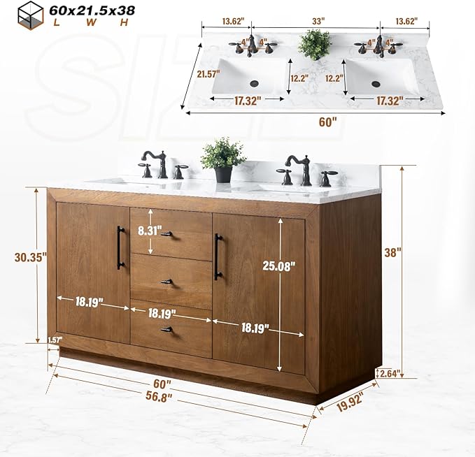 HOMEBEYOND 60" Bathroom Vanity with Double Sink & Ceramic Top, MDF Material Vanity Cabinet with Basin Combo, Soft-Closing Doors, Removable Shelf, Backsplash, Tan