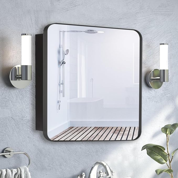 24’’x24’’ Medicine Cabinet,Metal Framed Medicine Cabinet Mirror with Round Corner,Recessed and Surface Mount Bathroom Mirror with Storage, Removeable Shelves,Dark Gray Frame