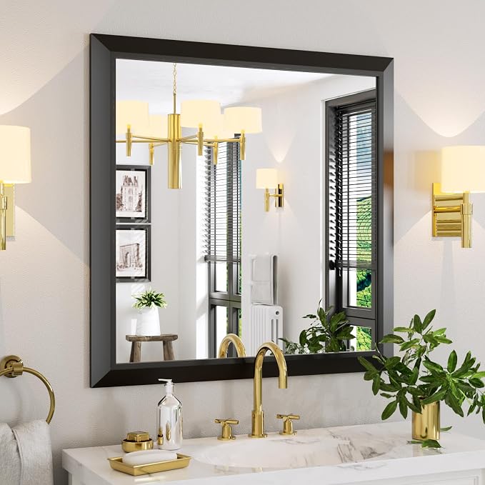 Black Bathroom Mirror, 36x36 Inch | Thick Metal Framed, HD Reflection, Anti-Rust, Hang Horizontally/Vertically, Suitable for Vanity, Bedroom, Bathroom, Entryway
