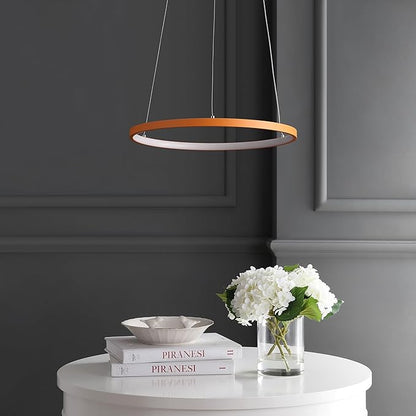 JONATHAN Y 15.75" Orange Modern Integrated LED Pendant Light, Dimmable Round Hoop Chandelier for Kitchen Island, Dining Room, Adjustable Height Metal Hanging Light (JYL7202G)